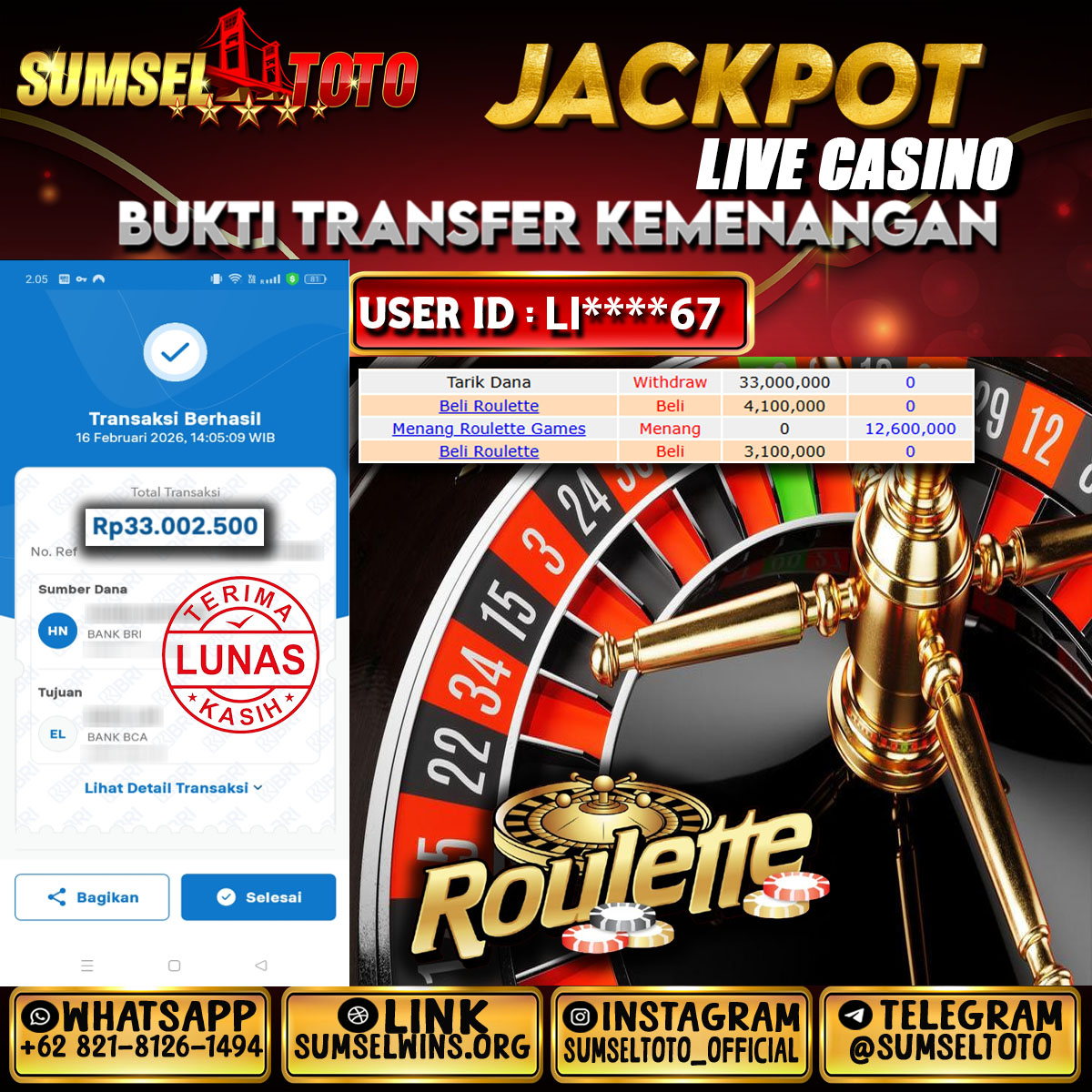 SUMSELTOTO JACKPOT ROULETTE Rp.33,000,000.,- LUNAS